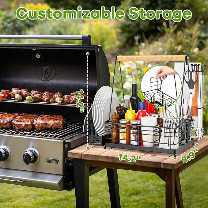 Grill Caddy, BBQ Caddy for Outdoor Grill with Paper Towel Holder, Picnic Condiment Utensil Storage for Outdoor Camping, Tailgating Essentials, RV Essentials, Grilling Accessories,Gifts for Men