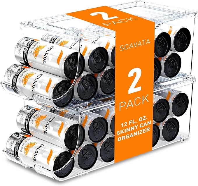 SCAVATA 2 Pack Skinny Can Organizer for Refrigerator, Stackable Tall Skinny Soda Pop Can Holder Dispenser with Lid for Fridge Pantry Rack Freezer, Clear Plastic Storage Bins-Holds 12 Slim Cans Each