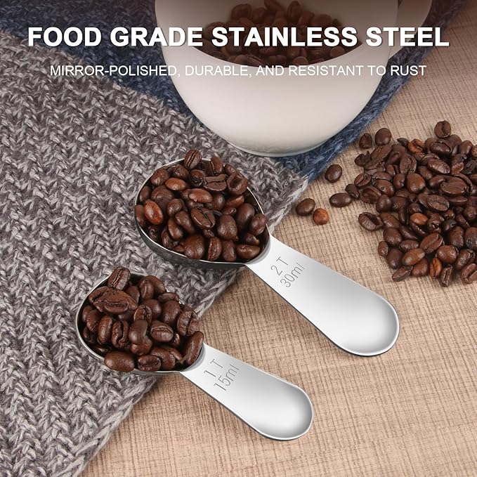 Safring Coffee Scoop Set, Tablespoon Scoop 2 Pc Set (1 Tbsp & 2 Tbsp), Stainless Steel Measuring Spoons for Ground Coffee with Short Handles, for Tea, Sugar, or Flour