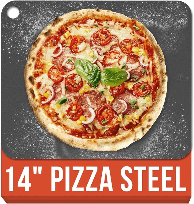 Chef Pomodoro Pizza Steel for Oven 14 Inch 1/4 Inch Thick, Baking Steel for Oven, Grill, Sourdough Bread, Baking Stone for Oven With Lifting Holes 14" X 12" (35.6 x 30.5 cm)