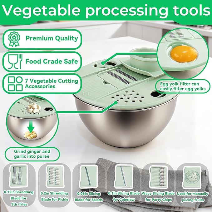 5.3Qt Stainless Steel Salad Spinner,Lettuce Spinner with Non-Slip Base,Multifunctional Design with a Crank,A Variety of Blades Make it Easy to Chop, BPA Free,Dishwasher Safe, Non-Slip Base.