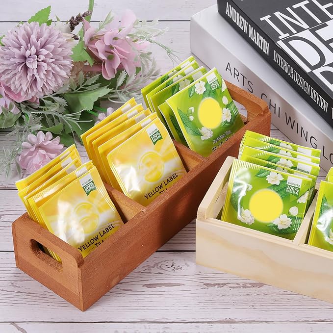uxcell Tea Bag Organizer, 3 Compartments Pine Wood Tea Box with Handle, Tea Storage Organizer Holder for Tea Bags, Beverage Supplies Sugar Packet, Brown