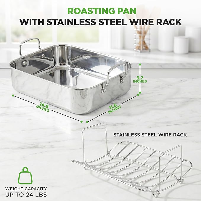 NutriChef Premium Stainless Steel Roasting Pan with Rack – Heavy‑Duty 14″ Turkey Roasting Pan for Turkey, Chicken & Meats (Wide Handles, Dishwasher Safe)