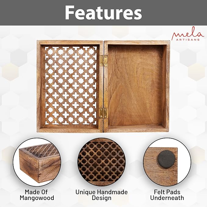 Mela Artisans 10.5” x 7.5” x 4” Mango Wood Box with Lid – Trellis Medium Burnt – Handcrafted Keepsake Box – Extra Large Storage for Jewelry & Home Décor Accents