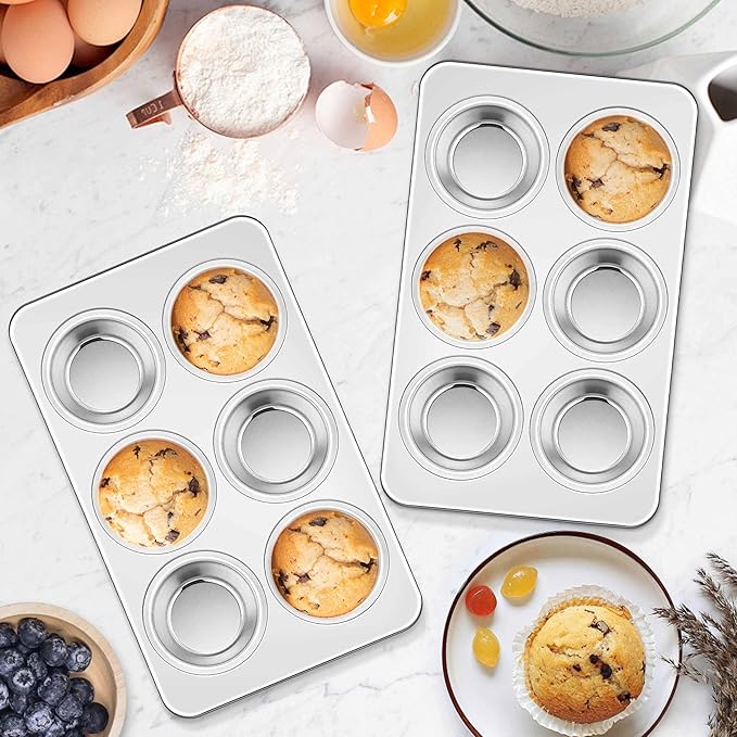 Homikit 1 Pack Muffin Pan, Stainless Steel Cupcake Tin with 6 Cups Regular Size, Thick Metal Egg Bites Bakeware for Oven Baking, Rust Free & Non Toxic, Also Be Snack Tray for Kids, Dishwasher Safe