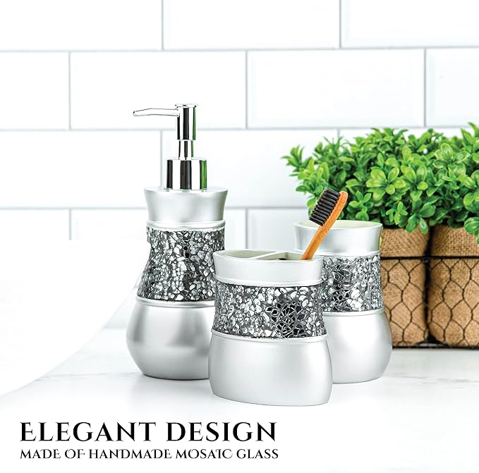 Creative Scents Crackled Glass Silver Bathroom Accessories Set Complete - 6 Piece Bathroom Accessory Set Includes: Trash Can, Tissue Box Cover, Soap Dispenser, Toothbrush Holder, Soap Dish & Tumbler