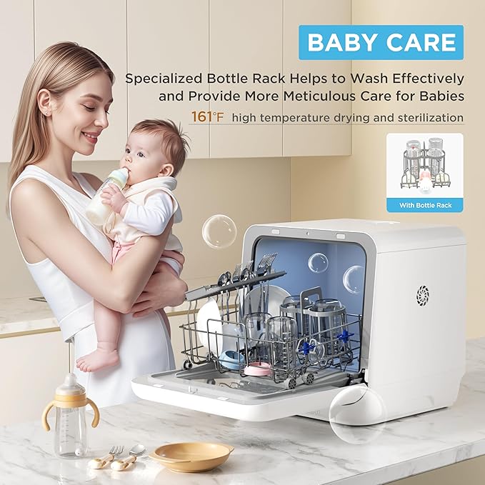 Midea MDC17P4CWW Portable Countertop Mini 1.32Gal Built-in Water Tank, Baby Care, No Hookup Needed, 360° Dual Spray,High-Temp wash, Dishwasher for Apartments& RVs, White, Whole