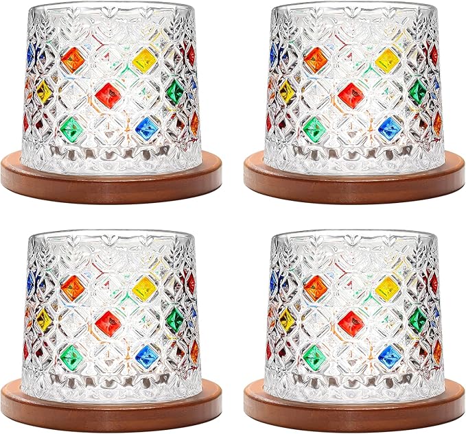 Rotatable Old Fashioned Glass, 275ml/10oz Crystal Whiskey Glass Set of 4, Wood Coaster, Thickening, Used as Rum Glass, Cocktail Cup, Coffee Cup, Milk Cup to Relax and Reduce Stress, Christmas gifts
