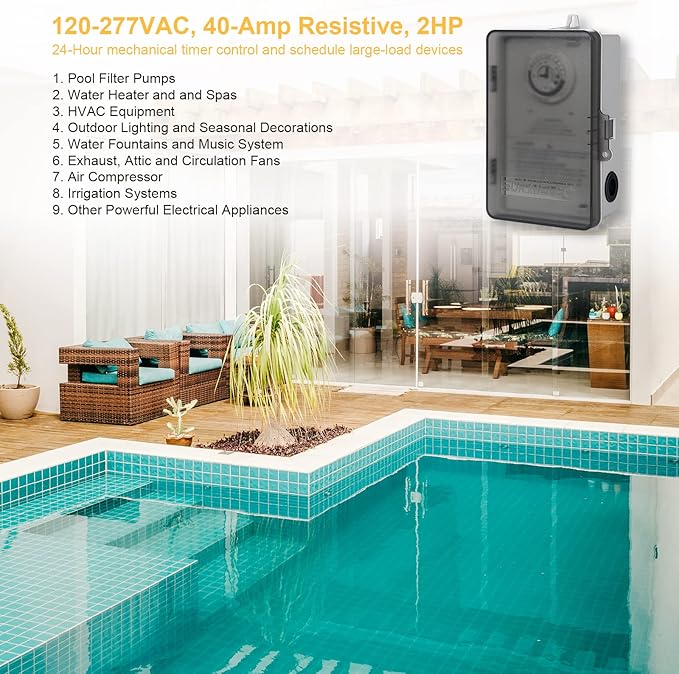 SURAIELEC Pool Timer, 24-Hour Cycle Mechanical Timer Switch, 40 AMP, 2HP, 120, 240, 277 VAC, Outdoor Indoor Heavy Duty Pool Controller Box for Pool Pump, Water Heater, Spa, Powerful Appliances