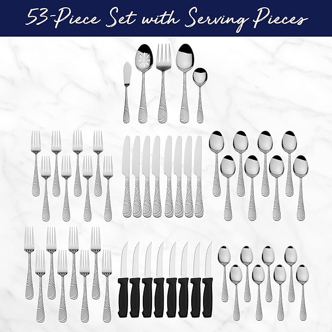 Pfaltzgraff Garland Frost 53-Piece Stainless Steel Flatware Serving Utensil Set and Steak Knives, Service for 8 (Pack of 2)