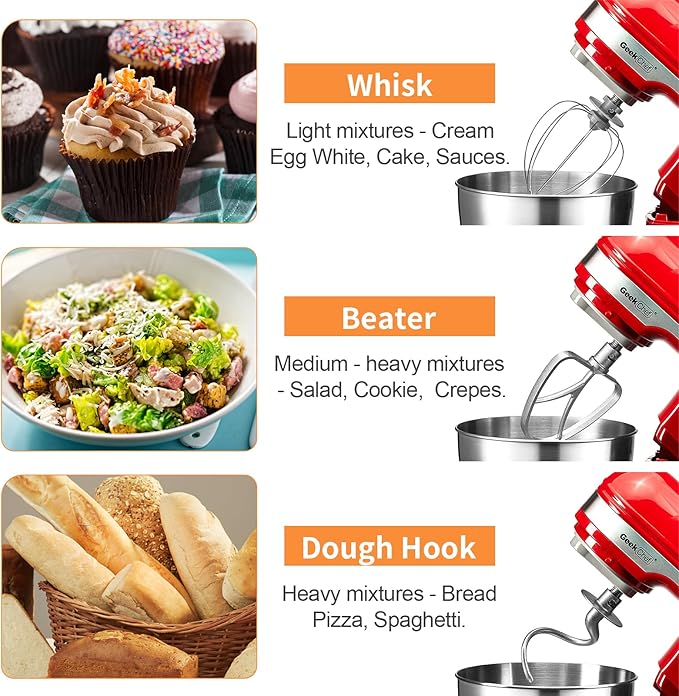 Geek Chef Electric Stand Mixer, 4.8QT 12 Speeds Tilt-head Food Mixer with Dough Hook, Whisk, Beater, Bowl, Rotary Knob for Home Kitchen Use, Bright Red