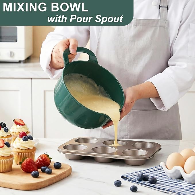 BoxedHome 4 Pack Nesting Mixing Bowl with Pour Spout and Handle, BPA free Microwave & Dishwasher Safe(Green, 4 Pack with Handle)