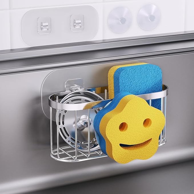 HapiRm Sink Caddy Sponge Holder - 2 Installation Ways Kitchen Sink Organizer with Smiley Face Sponge Holder, Stainless Steel Kitchen Caddy - Silver