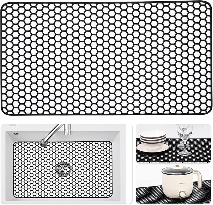 Bestjing Silicone Sink Protectors for Kitchen Sink - 26"x 14" Kitchen Protector Accessory, Non-Slip Heat Resistan Mat for Bottom of Farmhouse Stainless Steel Porcelain, Dishwasher Safe (Black)