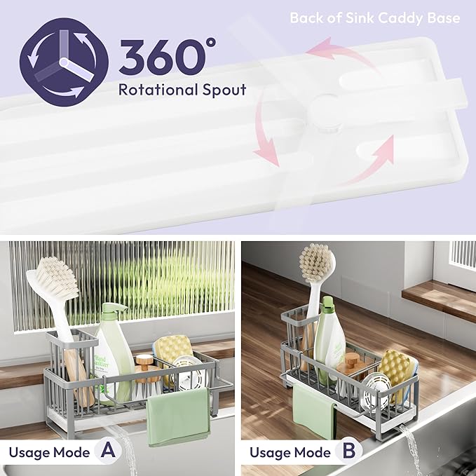 SWTYMIKI Sponge Holder for Kitchen Sink - Sink Caddy with Brush Holder Self-draining Sponge Caddy Organizer with Divider Stainless Steel Kitchen Accessories Storage for Countertop, Gray