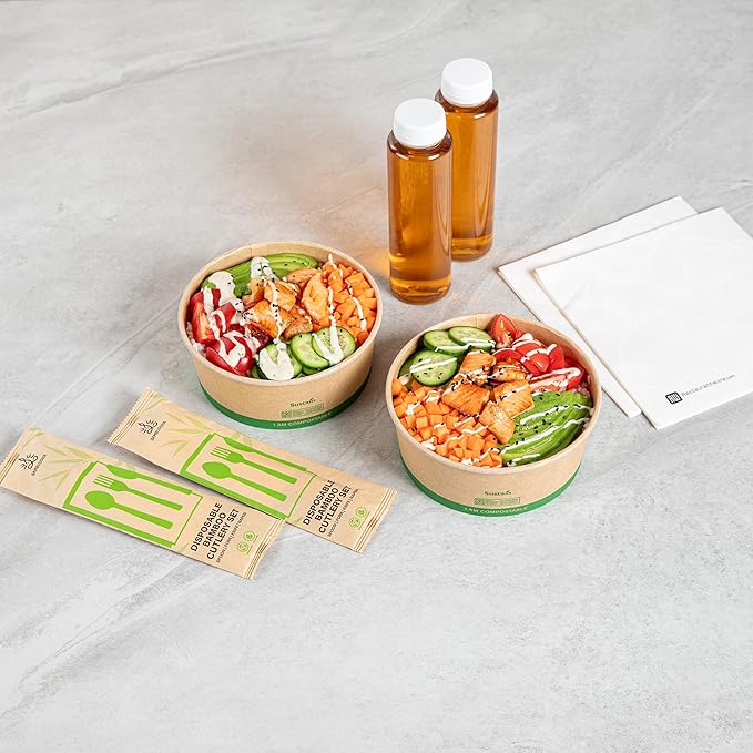 Restaurantware Compostable Paper Food Containers 200 Pack Of 37 oz BPI-Certified Round Kraft Salad Bowls Disposable Grease-Resistant Meal Prep Take Out Containers For Ice Creams, Soups, Snacks