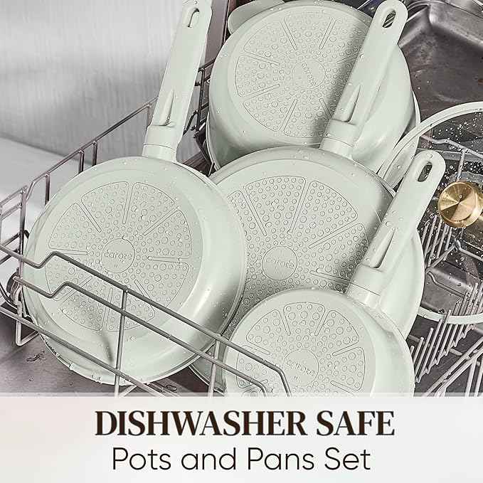 CAROTE Ceramic Cookware Set Nonstick, 14pcs Pots and Pans Set Nonstick, Non-Toxic & PFAS-Free, Dishwasher, RV/Camping Cookware Set, Cooking Pots with Lids, Sage Green