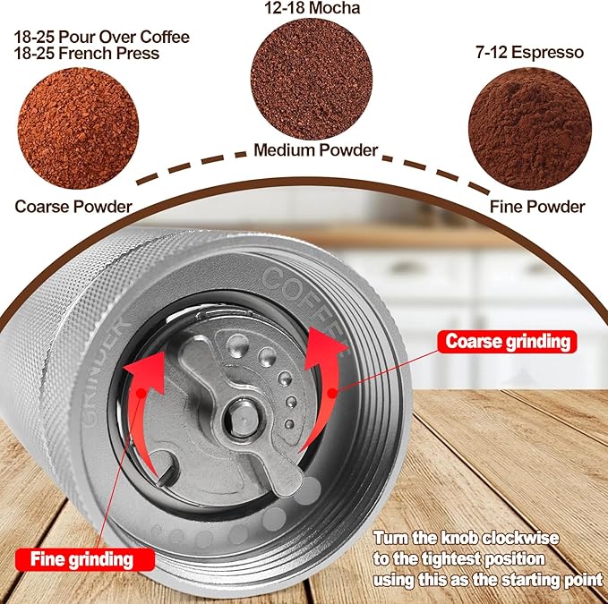 Manual Coffee Grinder Gift Box Detachable Stainless Steel Conical Burr Aluminum Coffee Bean Grinder with 25 Grinding Settings Cleaning Brush Grindable Espresso Moka Pot for Camping Silver