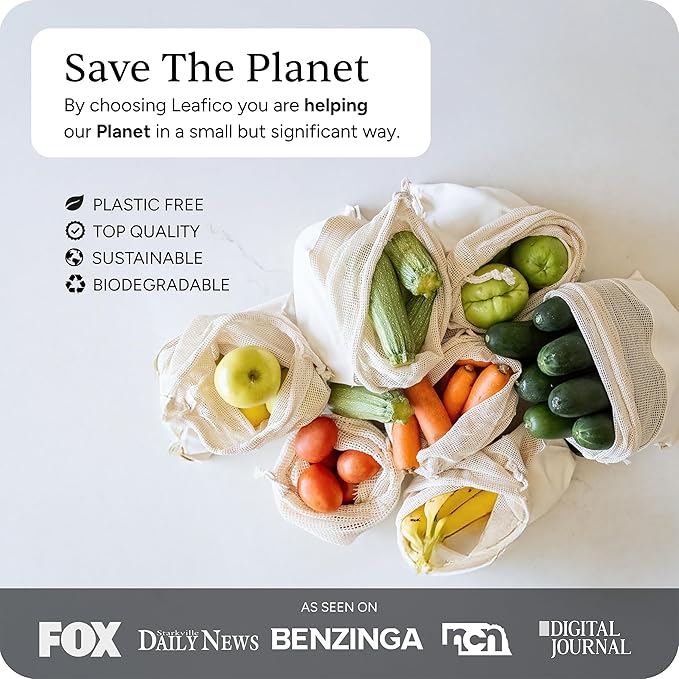 LEAFICO Reusable Produce Bags – 100% Cotton Mesh & Solid Hybrid (Small 8x10 inch 6 Pcs) – Cloth Grocery Bags for Garlic, Nuts, Onions, Bulk Snacks – Washable, Plastic-Free, Breathable, Zero Waste