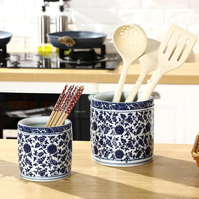 2 Pcs Blue and White Kitchen Utensil Holder 5"+6.1" Ceramic Kitchen Cooking Holder for Countertop Large Utensil Crock for Home Decor Parties Chinoiserie Blue