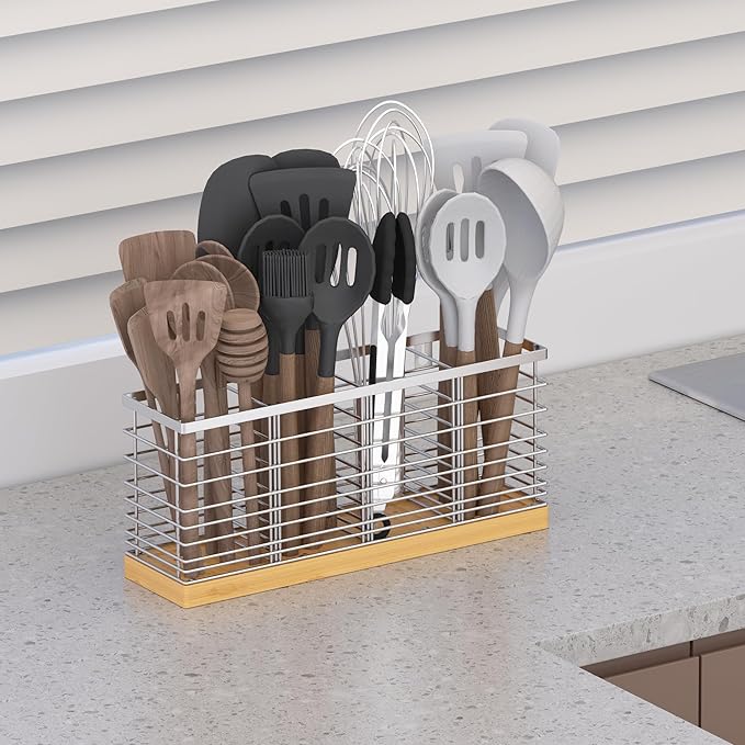 Suli Extra Large Kitchen Utensil Holder Countertop with 4 Compartments,Silvery Metal holder with Wooden Base for Countertop,Farmhouse Utensil Organizer for counter,Rustic Cooking Utensil Organizer