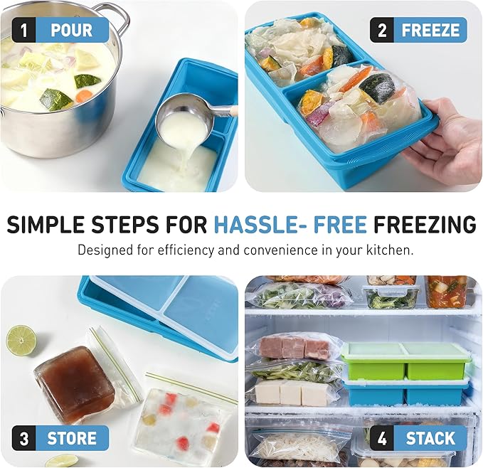 Silicone Freezer Tray with Lid Soup Freezer Container Molds with Steel Reinforced Rim Large Ice Cube Tray Makes 4 Perfect 2 Cup Portions Cubes Storage Food Ice Trays Kitchen Tools for Cooking 2 Pack