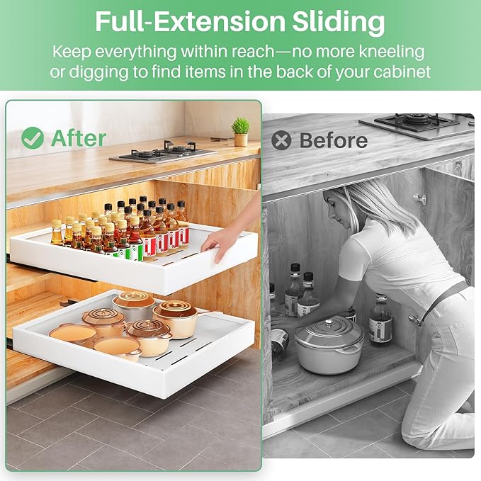 Pull out Cabinet Organizer, 21"Deep, 11.8"Wide Full-Extension Heavy Duty Slide out Drawers with Nano Adhesive, Roll Out Shelves Sliding Cabinet for Kitchen, Bathroom, Pantry,Under Sink Storage(White)
