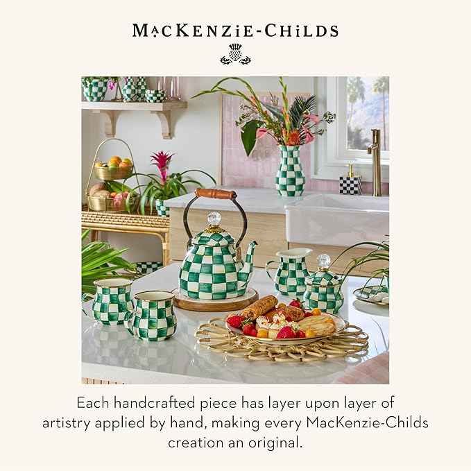 MACKENZIE-CHILDS Enamel Tea Kettle, Stylish Tea Kettle for Stovetop, Green-and-White Emerald Check, 2 Quarts