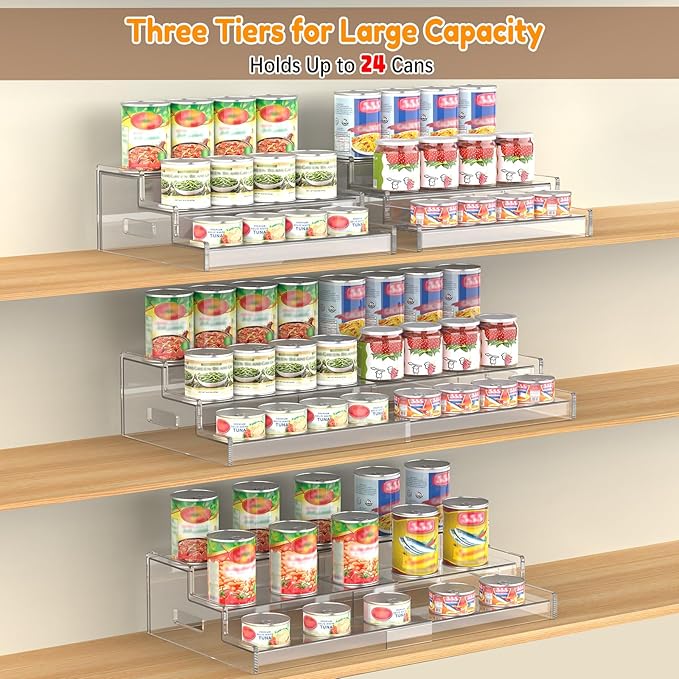 Yecuip Expandable Can Rack Organizer for Pantry, 3-Tier Adjustable Acrylic Can Storage Holder, Holds Up to 24 Cans, Canned Food Organizer for Cabinet, Countertop, Kitchen