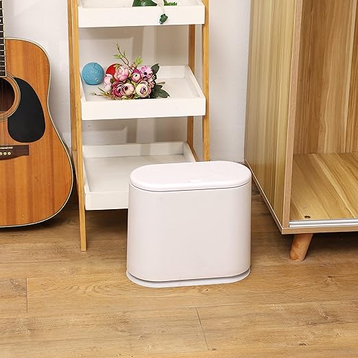 12L White Slim Bathroom Trash Can with Press Top Lid,3.17 Gallon Pet/Dog Proof Kitchen Trash Can,Thin Garbage Can,Covered Wastebasket,Narrow Small Plastic Trashcan for Craft Room,Bedroom,Office,Dorm