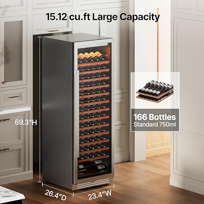 Ca'Lefort 166 Bottle Wine Fridge - 24 Inch 40-65°F Wine Cooler with Glass Door & Bottom Drawer, 14 Adjustable Shelves & 3 LED Lights, Energy Star Certified Built-in/Freestanding for Home/Bar/Kitchen