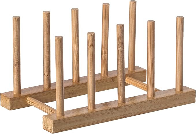 Basicwise Set of 2 Bamboo Wooden Dish Drainer Rack, Plate Rack, and Drying Drainer (4 Grid) (QI004355D.2)