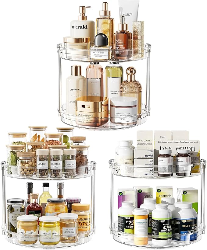 LAMU 3 Pack 10.6'' 2-Tier Lazy Susan Turntable Organizer Rotating Spice Rack Organization for Cabinet, Kitchen, Pantry, Countertop, Bathroom, Vanity, Makeup Organizer, Clear