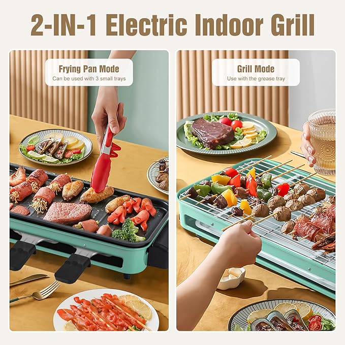 1500W Electric Indoor Grill, 2 in 1 Electric Griddle Nonstick with Grill Net & Removable Plate, 5 Adjustable Temperature Control Portable Korean BBQ Grill with 3 Small Trays
