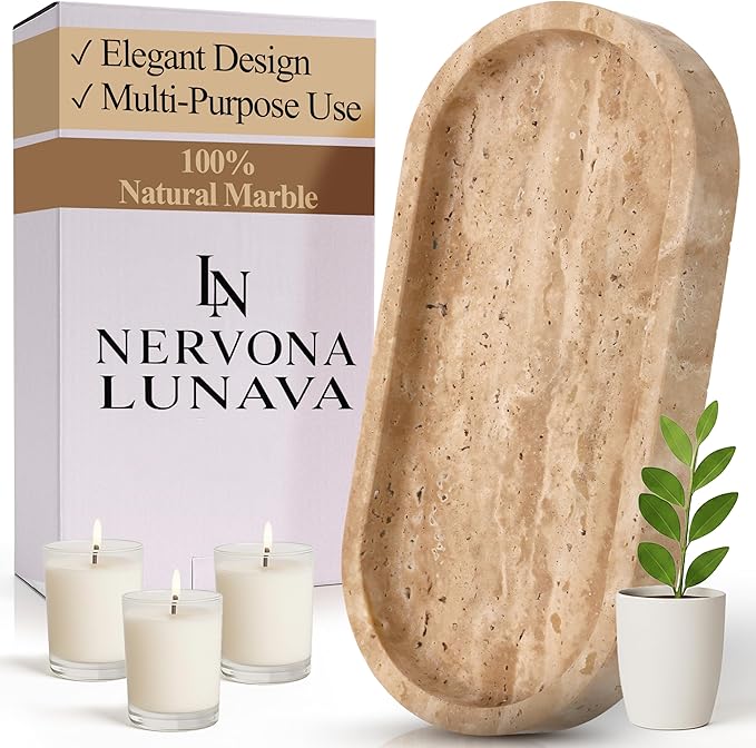 LUNAVA Travertine Tray for Bathroom Counter – Marble Tray for Kitchen Counter, Hand-Polished Natural Stone Caddy for Vanity, Sink, or Dresser, 9.8"x4.7"in, Beige