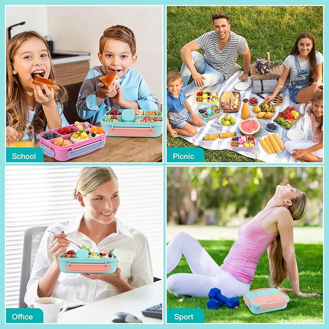 MaMix Bento Lunch Box - Adult & Kids Lunch Containers, 4 Compartment, 1300ML (Pastel Blue)