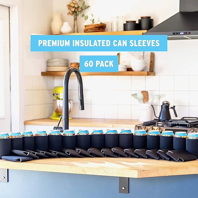 Blank Beer Can Cooler Sleeves (60-Pack) Soft Insulated Beer Can Coolies - HTV Friendly Blank Koolies in Bulk for Beer Cans & Bottles - Black Coolie Blanks for Vinyl Projects & Wedding Favors (Black)