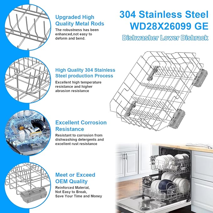 UPGRADED WD28X26099 Dishwasher Lower Rack Compatible with GE Dishwasher Rack Replacement Parts with Wheel,WD28X26099 WD28X34744 304 Stainless Steel GE Dishwasher Lower Rack Part and Silverware Basket