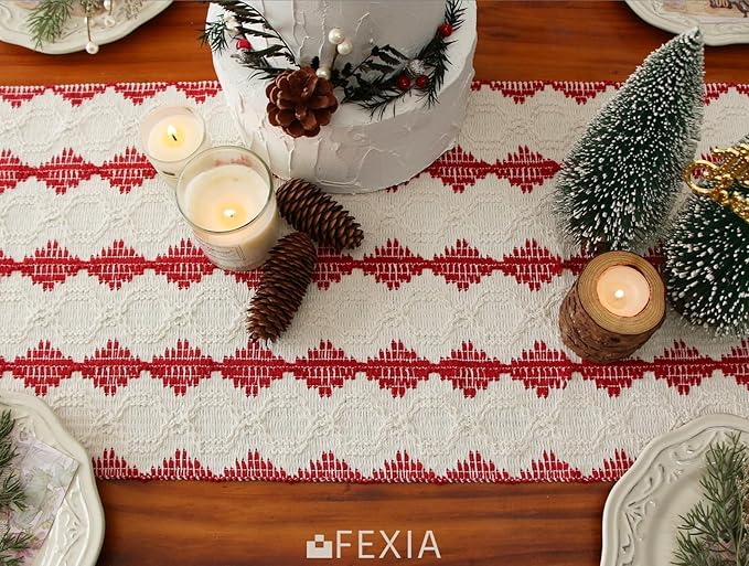 FEXIA Christmas Red Table Runner 13x72 Inches Long Christmas Runner for Table Boho Table Decor Rustic Farmhouse Xmas Decoration for Home Party Decor (Red Square)