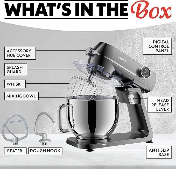 Gourmia Digital Stand Mixer - 7 QT Tilt-Head Kitchen Mixer with LED Timer, 10 Speeds, Stainless Steel Bowl, Attachments Included, 800W, Silver