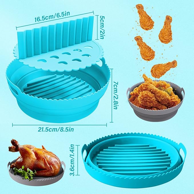 2Pcs Air Fryer Silicone Liners with Divider Trays, silicone Non-Stick Air Fryer Basket Bowl, Collapsible Pot Oven Liner Backing Tray, Air Fryer Inserts Used for Kitchen Oven (Gray & Blue)