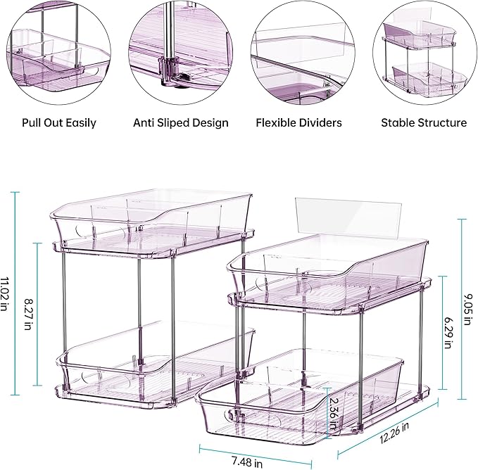 Delamu 2-Tier Under Sink Organizers and Storage, Multi-Purpose Stackable Bathroom Cabinet organizers, Pull Out Kitchen Pantry Organization and Storage with Dividers(2 Pack, Purple)