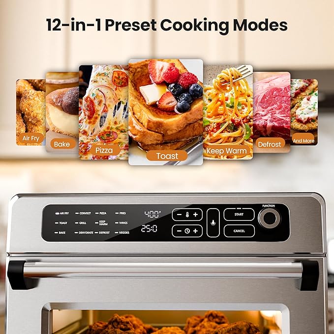 Kismile 25QT Air Fryer Toaster Oven Combo, 12-in-1 Countertop Convection Airfryer Oven, Adjustable 70–450℉ Temperature, Bake, Reheat & Broil, Fits 12″ Pizza, Complete Accessories Included, Silver