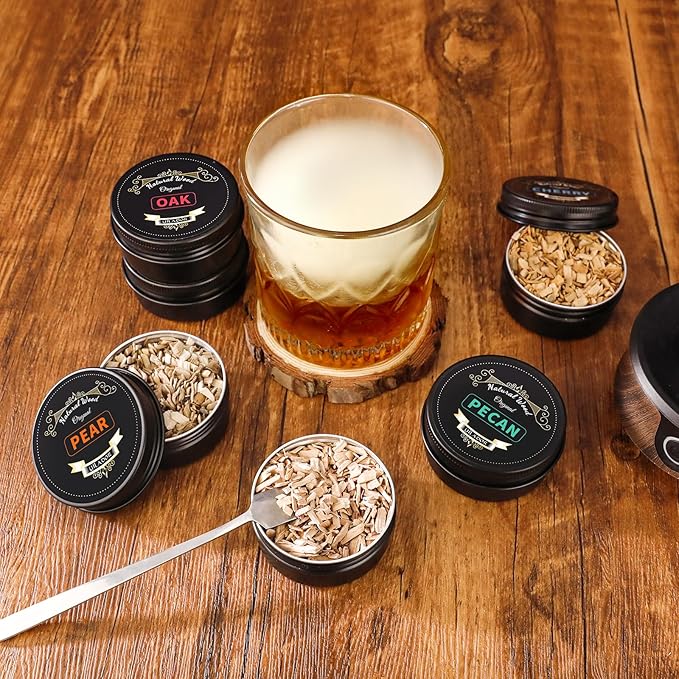 Electric Whiskey Smoker Kit, Luxurious Wooden Box, with 4 Wood Chips, Torch, Ice Molds, 2 Glasses, Stones, Old Fashioned Bourbon Cocktail Smoker Infuser Kit, Whiskey Gifts for Men, Husband (No Butane)