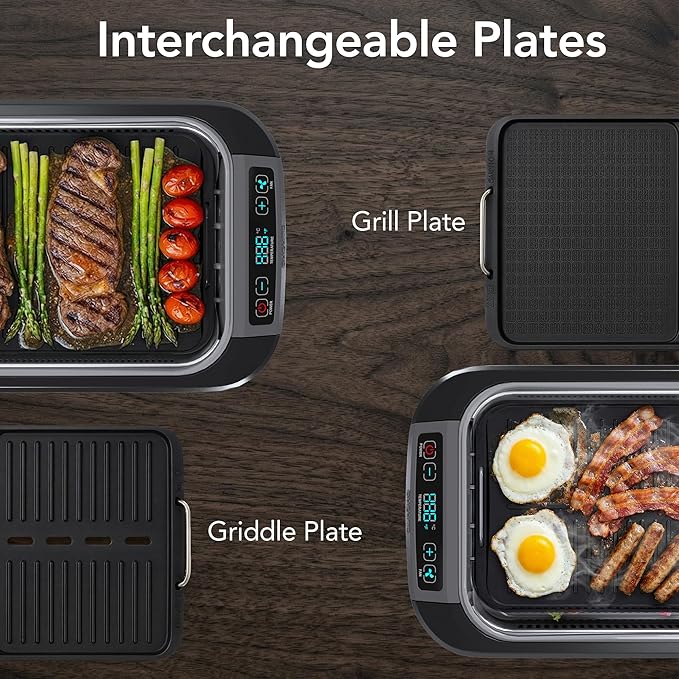 OVENTE Smokeless Indoor Grill, 1500W Electric Portable Korean BBQ Grill with One-Touch Control, LED Smart Display, Tempered Glass Lid, Two Removable Non-Stick and Dishwasher Safe Plates, Black SGR85B