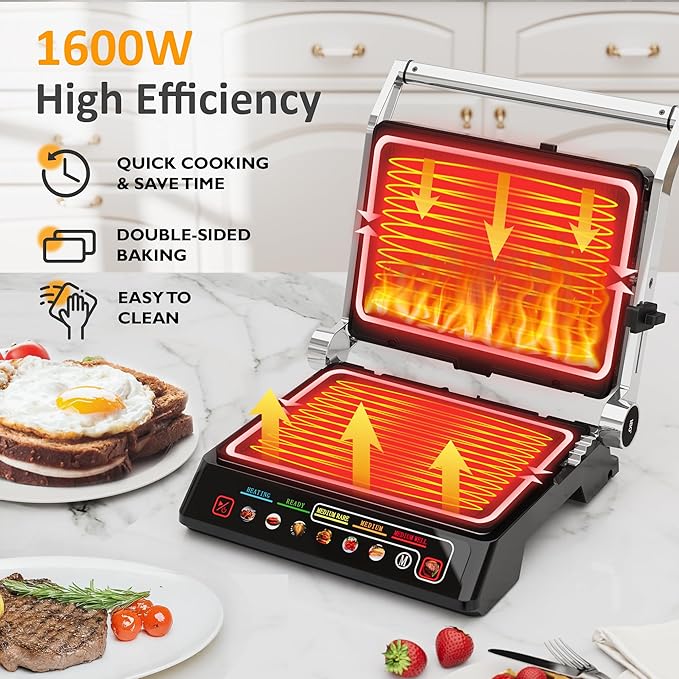 Sunvivi Indoor Grill & Griddle with Preset Menu, 1600W Electric Panini Press Sandwich Maker, Removable Nonstick Plates, Locking Lid, Double-sided Grill with 180° Flat Opening, Stainless Steel, Black