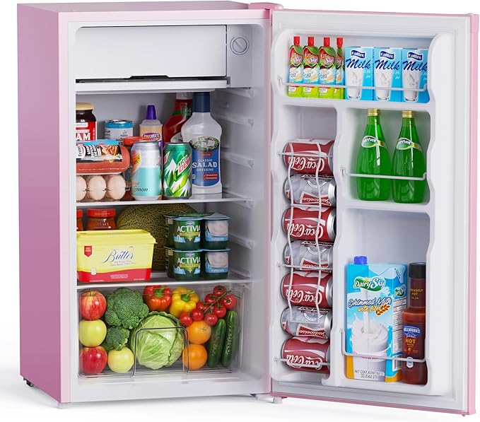 Upstreman 3.2 Cu.Ft Mini Fridge with Freezer, Single Door Compact Refrigerator, Adjustable Thermostat, Small Refrigerator for Dorm, Bedroom, Office, Pink-BR321