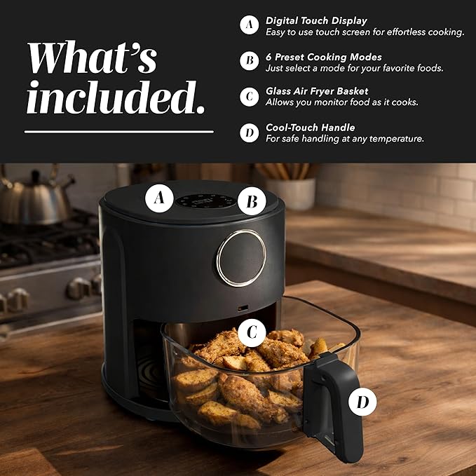 COOK WITH COLOR Colorful 1200W 4Qt Air Fryer: Glass Basket, Dishwasher Safe, 60min Timer, 6 Presets, Temp Control 175F-400F, 4 QT, Black