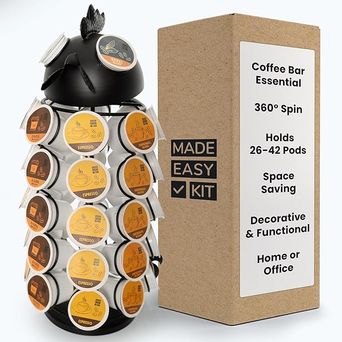 Made Easy Kit Carousel Coffee Pod Holder - Compatible with Keurig K-Pods K-Cups - Countertop 360 Spin Rack Storage Organizer - Revolving Base - Capsule Café Station Bar (Rooster Black, Large)