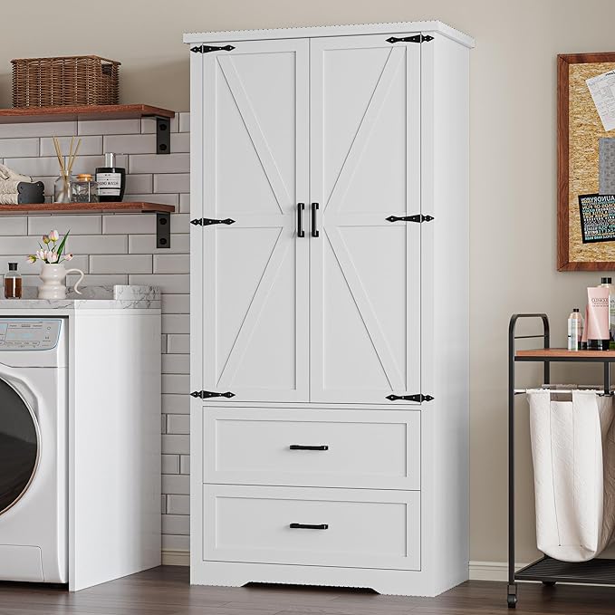 Pantry Organizers and Storage Cabinet, 71” Barn Door White Kitchen Cabinet with Drawers and Adjustable Shelf, Tall Pantry for Kitchen, Dining Room, Living Room. Bathroom and Office